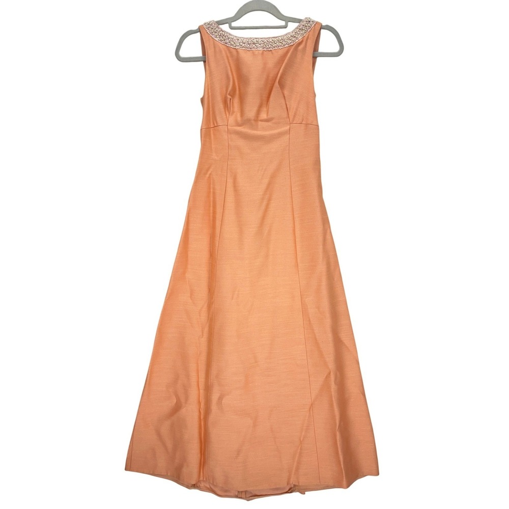 Vintage ILGWU Peach 60s Full Length Gown Small Embellished Pearl Bow Back Dress